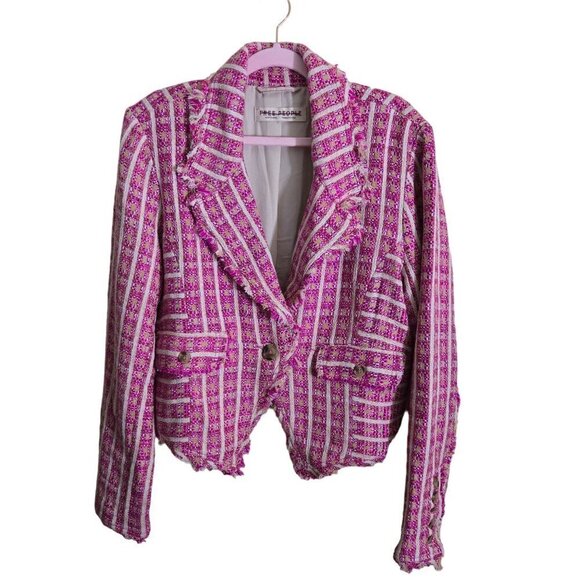 Free People Cassius Cropped Blazer Pink Tweed Raw Hems Oversized Relaxed Size S - Picture 2 of 10